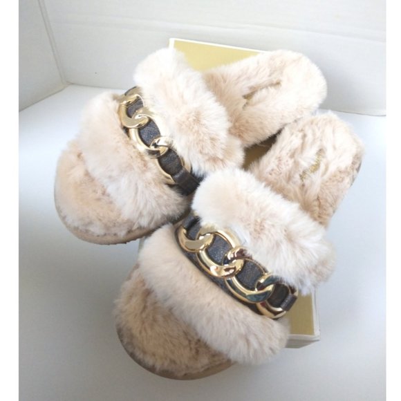 New! MICHAEL KORS Women's Scarlett Chain-trim Slippers Sandals Shoe Camel Multi - Picture 5 of 8